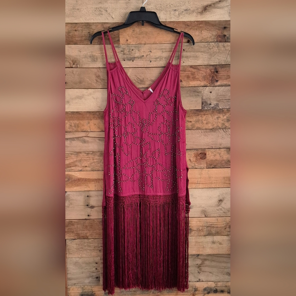 FREE PEOPLE Midnight Party Flapper Fringe Tunic Top Dress S Burgundy Boho Indie - Picture 3 of 16